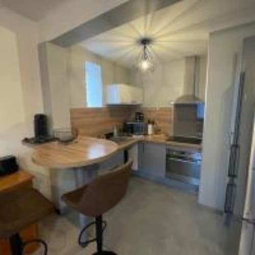 Cuisine moderne et salle à manger de l'appartement Explore The World à Perpignan, avec plans de travail en bois et électroménagers en acier inoxydable