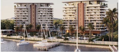 Modern lakeside apartments at OD Cribs in Jabi Lake, Guzape Abuja with sailboats and palm trees