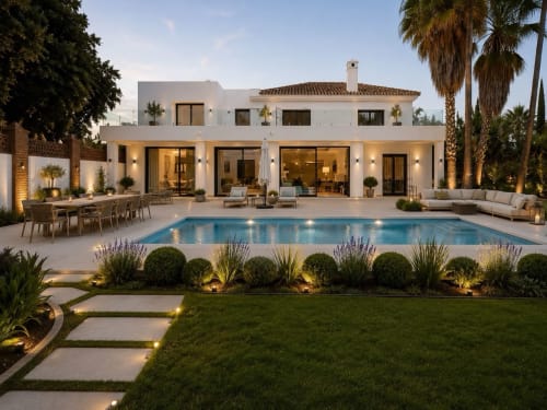 Villa Bel Air at OD Cribs Guzape features modern white architecture with illuminated pool, lounge seating, and lush