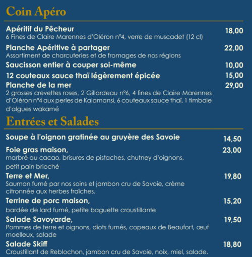 Coin Apéro and Entrées et Salades menu at Hotel Beau Rivage, Savoie, France