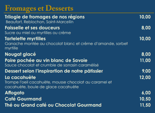 Fromages et Desserts menu from Hotel Beau Rivage in Chambéry, featuring cheese trilogy, pastries, and gourmet desserts with