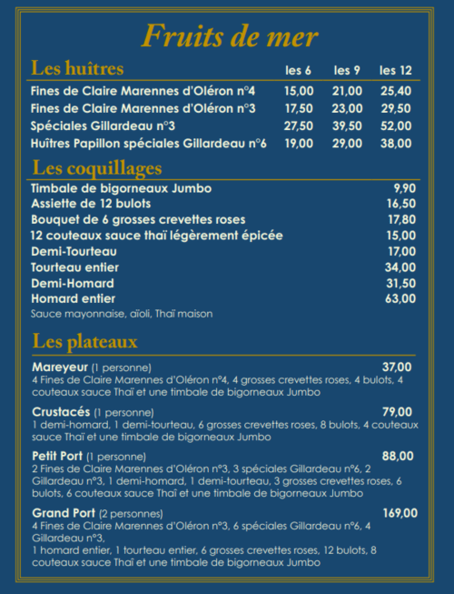 Beau Rivage seafood menu: oysters, shellfish platters and crustacean selections with pricing