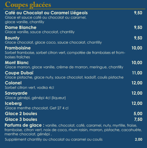 Hotel Beau Rivage Coupes glacées menu with ice cream and dessert options in Chambéry, France