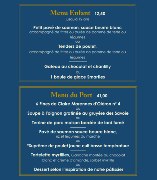Menu Enfant and Menu du Port pricing at Hotel Beau Rivage, French Alpine cuisine with salmon, poultry, and dessert options