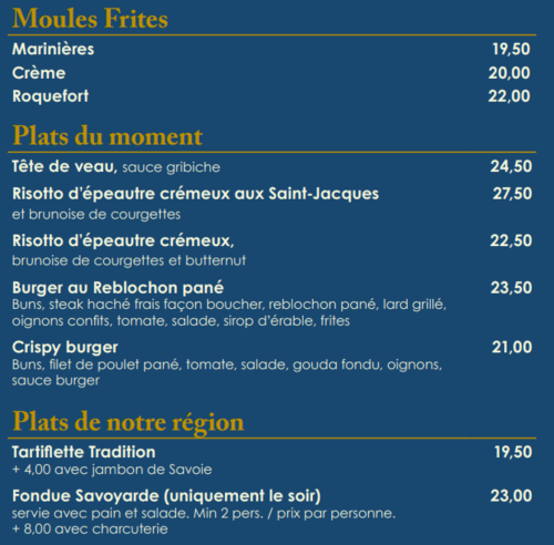Moules Frites restaurant menu at Hotel Beau Rivage, Chambéry, featuring French regional dishes and pricing