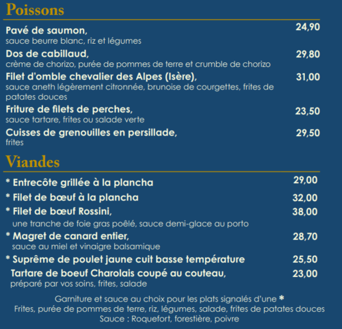 Restaurant menu featuring Poissons (fish) and Viandes (meat) dishes at Hotel Beau Rivage, Isère, France