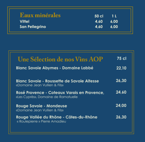 Hotel Beau Rivage menu: mineral waters and AOP wines selection, 75cl bottles priced 22-26€, Savoie and Rhône Valley options