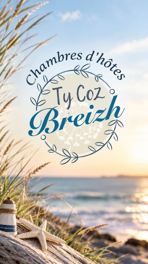 Logo de la maison d'hôtes Ty Coz Breizh avec vue côtière, dunes herbeuses et étoile de mer à Guidel, Bretagne