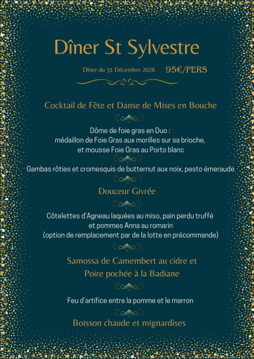Silvestermenü 2026 im Le Clos Normand: Gänseleberpastete, Lamm und warme Meeresfrüchte-Spezialitäten für 95€ pro Person.