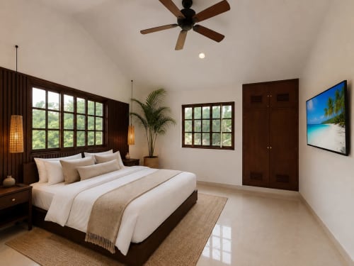 Hacienda las Golondrinas villa bedroom with dark wood bed, cream linens, ceiling fan, dual windows overlooking garden, and