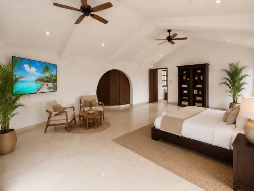 Spacious villa master bedroom at Isla Mujeres Realty with king bed, lounge area, ceiling fans, and tropical decor