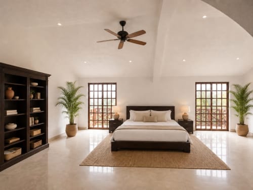 Spacious master bedroom at Hacienda las Golondrinas villa in Isla Mujeres with ceiling fan, dark wood furnishings, and garden
