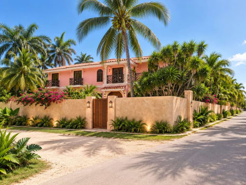 Pink hacienda villa in Isla Mujeres surrounded by lush palm trees, tropical garden, and terracotta walls with wooden gate