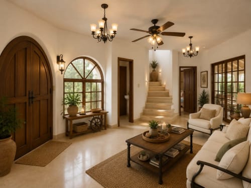 Elegant foyer with arched wooden door, chandelier, ceiling fan, staircase, and cream seating in Isla Mujeres villa