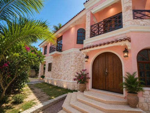 Pink villa exterior with stone accents, arched entrance, tropical gardens, and palm trees at Hacienda las Golondrinas in Isla