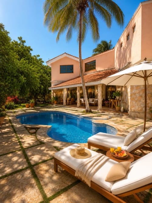 Luxury villa courtyard with private pool, lounge chairs, palm tree, and terracotta hacienda-style house on Isla Mujeres