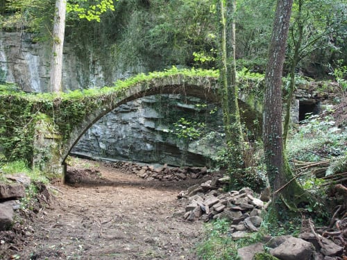 Antic pont d'arc de pedra sobre un torrent forestal a l'Hostal Collsacabra, L'Esquirol, envoltat de frondosa vegetació