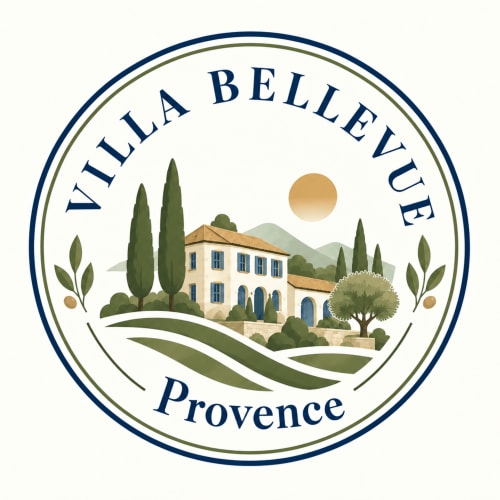 Villa Bellevue Provence logo featuring a traditional French house, cypress trees, and olive landscape in Gagnières