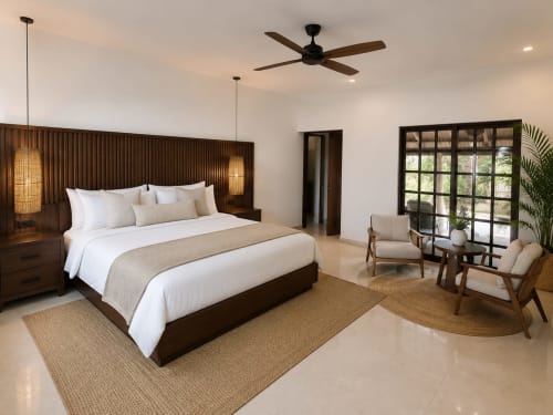 Spacious master bedroom at Hacienda las Golondrinas villa in Isla Mujeres with king bed, ceiling fan, garden views, and