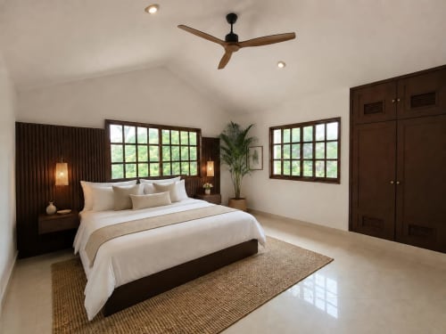 Modern master bedroom in Isla Mujeres villa with wood beams, ceiling fan, garden views through windows