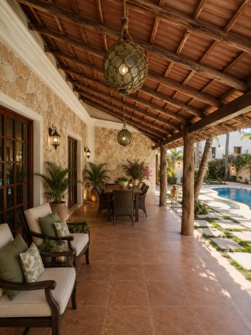 Covered patio with wooden beams, comfortable seating, and dining area at Isla Mujeres villa overlooking pool and gardens