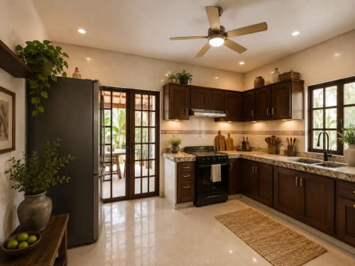 Modern kitchen in Isla Mujeres villa with dark wood cabinets, granite counters, stainless steel appliances, and French doors