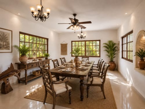 Elegant dining room at Hacienda las Golondrinas villa in Isla Mujeres with wooden table, lattice windows, plants, and ceiling