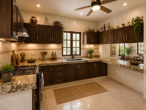 Modern luxury kitchen with dark wood cabinets, granite countertops, and stainless steel appliances at Hacienda las