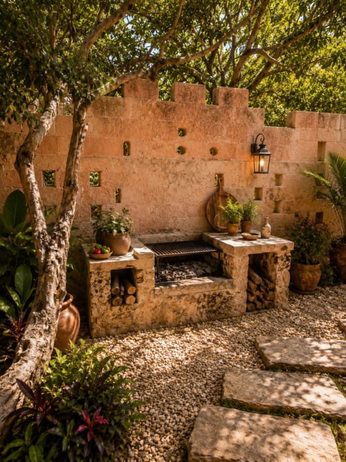 Rustic terracotta courtyard with outdoor grill, stone seating area, and lush trees at Hacienda las Golondrinas, Isla Mujeres