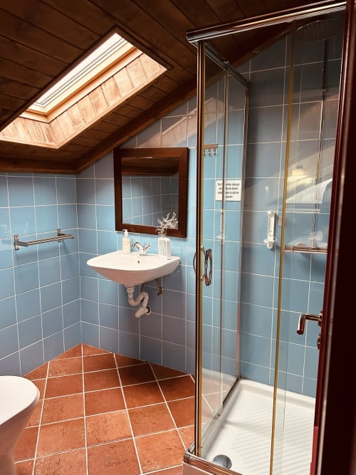 Bathroom at Aconchego Rural cottage with blue tile walls, white sink, skylight, and walk-in shower with glass doors