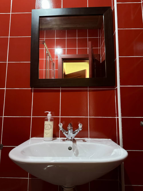 Modern bathroom with white sink, chrome faucet, and liquid soap dispenser against red tiled walls with dark mirror at