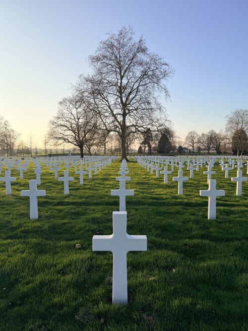 Military cemetery with white crosses and bare trees in Beauvoir, France near Les Vieilles Digues
