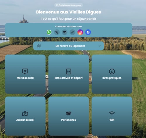 Les Vieilles Digues welcome page with Mont-Saint-Michel view, Beauvoir accommodation booking options and contact links