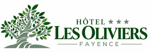 Logo de l'Hôtel Les Oliviers avec olivier et classification trois étoiles, Fayence