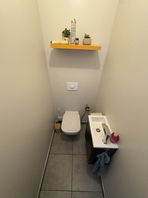 Salle de bain moderne de l'appartement Conciergerie De Porticcio avec étagère orange, plantes et carrelage foncé