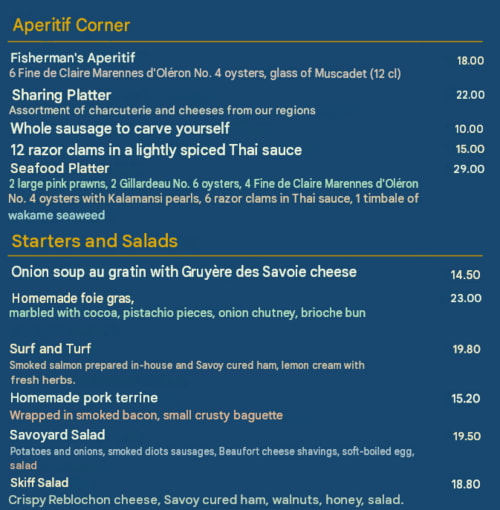 Coin apéritif et menu des entrées de l'Hôtel Beau Rivage Chambéry : cuisine française avec huîtres et autres spécialités