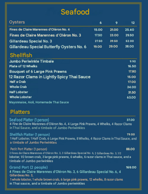 Menu fruits de mer Hotel Beau Rivage : huitres, coquillages et plateaux avec options tarifaires