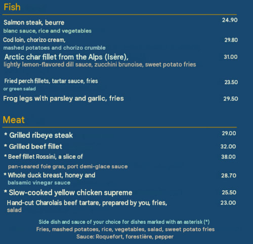 Menu de l'Hôtel Beau Rivage avec sections Poisson et Viande avec tarifs, Isère, France