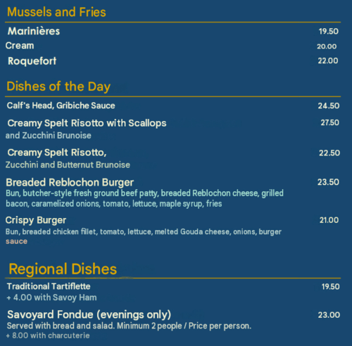 Menu de l'Hôtel Beau Rivage : moules-frites, plats du jour et spécialités savoyardes régionales de 73100