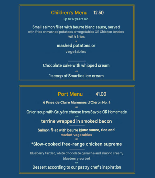 Menus enfants et carte du port de l'Hôtel Beau Rivage : saumon, poulet et desserts à 73100 France.