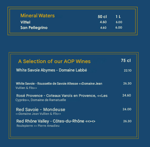 Menu des boissons du Beau Rivage : eaux minérales et vins AOC de Savoie et de la vallée du Rhône