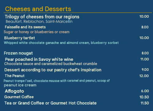 Menu Fromages et Desserts de l'Hôtel Beau Rivage : fromages régionaux, tartelette aux myrtilles, poire pochée au vin de Savoie, et