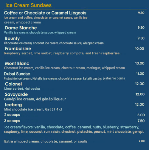Menu Coupes Glacées de l'Hôtel Beau Rivage : options classiques et gourmandes de €9,50 à €12,00 à Chamonix