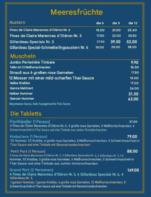 Menu Meeresnüchte de l'Hôtel Beau Rivage : huîtres, moules et plateaux de fruits de mer à Chambéry