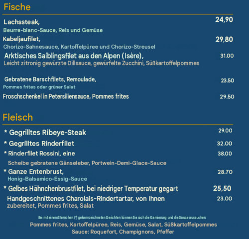 Menu de l'Hôtel Beau Rivage : plats de poissons et viandes avec prix en euros, cuisine des Alpes françaises
