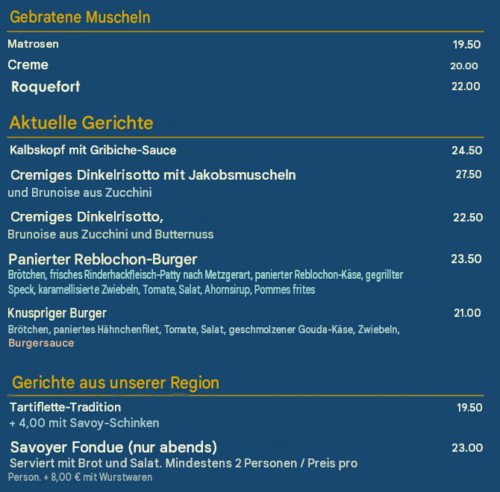 Menu de l'Hôtel Beau Rivage : moules, plats de saison, burgers et spécialités régionales avec tarifs en euros.