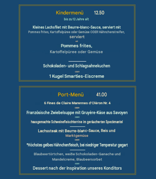 Menu du Beau Rivage proposant menu enfant (12,50€) et menu Port (41€) avec options de cuisine française