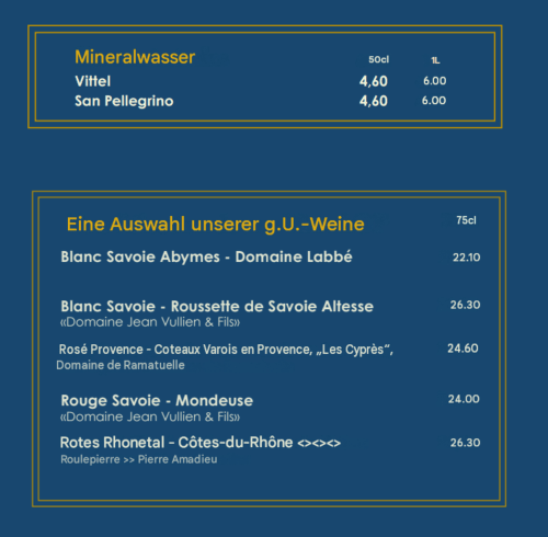 Carte des boissons de l'hôtel Beau Rivage avec eaux minérales et vins français, 73100, Savoie