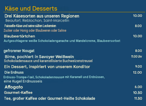 Menu Fromages et Desserts de l'Hôtel Beau Rivage : sélection de fromages français, tartelettes aux myrtilles, nougat et spécialités