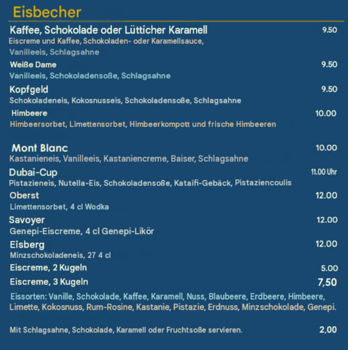 Menu de desserts Eisbecher à l'Hôtel Beau Rivage, Chambéry : parfums de glace et coupes gourmandes maison.